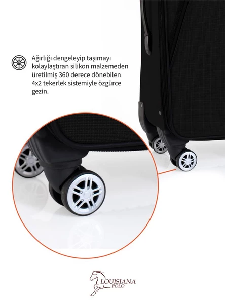 Büyük ve Kabin Boy Valiz Seti 4 Teker Kumaş Valiz Siyah 1081 - Resim 5