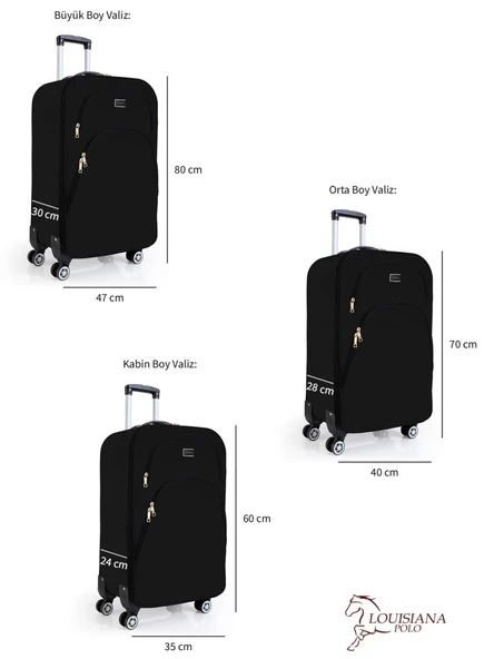 3'lü Valiz Seti 4 Teker Kumaş Valiz Siyah 1081 - Resim 3