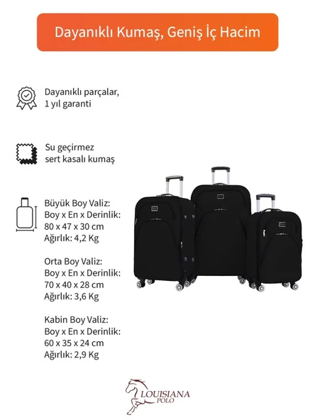 3'lü Valiz Seti 4 Teker Kumaş Valiz Siyah 1081 - Resim 2