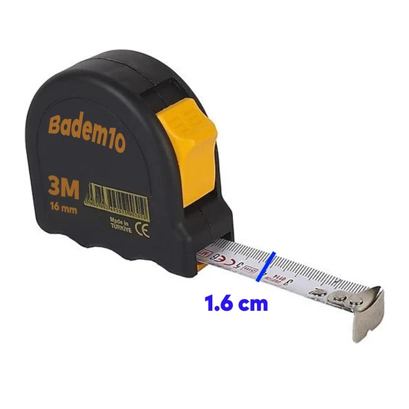 Şerit Metal Bükülebilir Metre 3 m x 16 mm Siyah Renk Düğmeli Ölçüm Ölçme Plastik Kasalı - 3