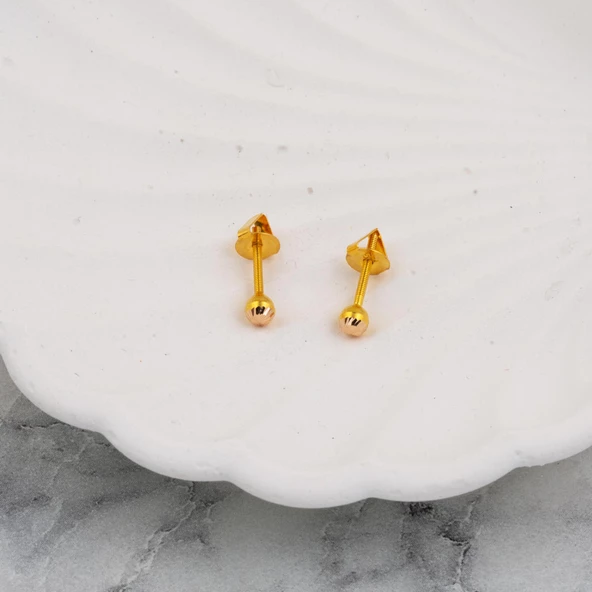 Vidalı 3 mm. 14 Ayar Top Altın Küpe - Resim 2