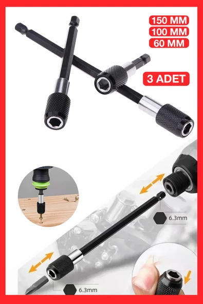 Profesyonel  Paslanmaz Vanadium Çelik   6 10 15 Cm 3 Lü Bits Uzatma Adaptörü 3 Adet - 2