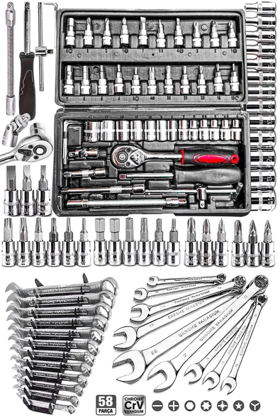 Premium 58 Parça 46Mini Lokma Takımı Otomatik Cırcırlı 1/4" 12 Parça Kombine Açık Ağız-yıldız Takım - 1
