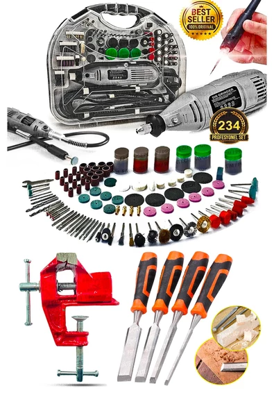 Premium Seri Devirli Çantalı Dramel Gravür Seti Hobi Taşlama Kit, Pro Ahşap oyma Seti Mengene - 1