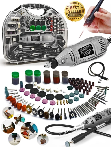 211PCS 450 Watt 6 Kademe Devir Ayarlı PVC Çantalı Hobi Gravür Seti Mini Taşlama  Esnek Şaft Hediye - 1