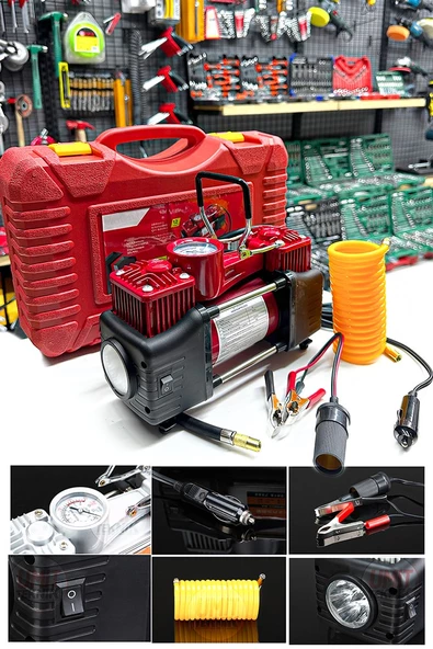 Oto Kamyon Lastik Şişirme 12V 150PSI Ağır Hizmet Çift Silindirli Çantalı Hava Kompresörü Kit Set - 3