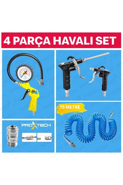 PROXTECH Kompresör Lastik Şişirme, Spiral Hava Hortumu 15 mt Hava Jakı  Hava Tabancası Recor Seti - 3