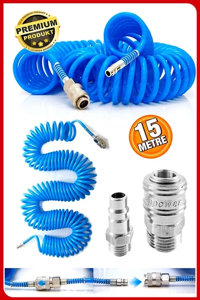 Havalı Yüksek Kalite Kompresör Spiral Hava Hortumu 8 Mm 15 Metre  Hava Jakı Kompresör Recor Seti