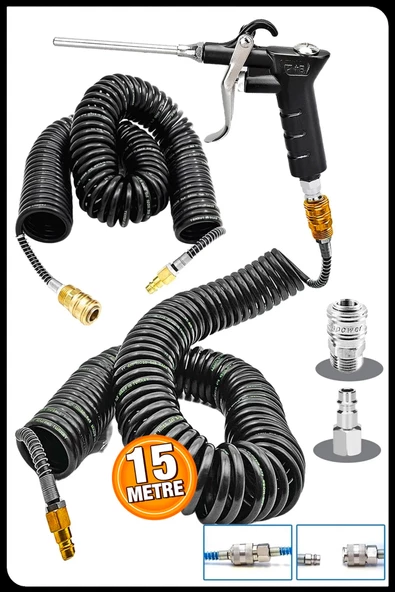 Yüksek Kalite Kompresör Spiral Hava Hortumu 8 mm 15 mt Hava Jakı  Hava Tabancası Recor Seti - 2