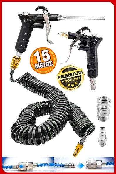Havalı 15 METRE  Kompresör Spiral Hava Hortumu 8 mm 15 mt Hava Jakı  Hava Tabancası Recor Paket - 1