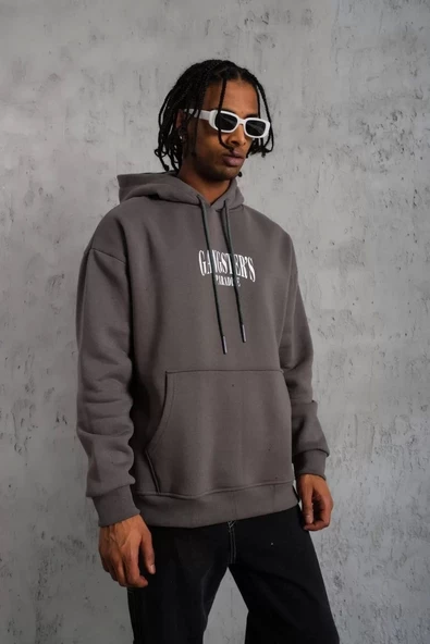 Erkek Paradise Baskılı Kapüşonlu Sweat - Gri - Resim 3