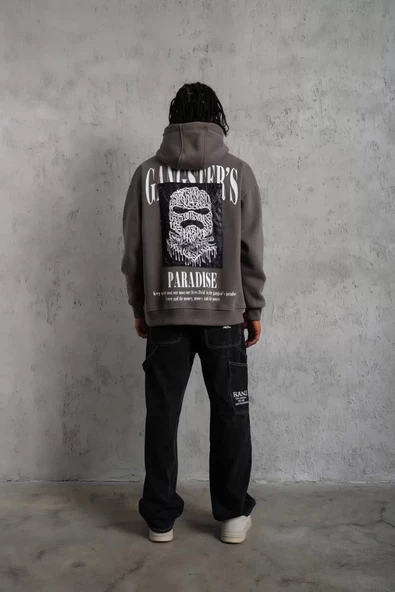 Erkek Paradise Baskılı Kapüşonlu Sweat - Gri - Resim 4