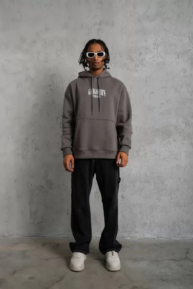 Erkek Paradise Baskılı Kapüşonlu Sweat - Gri - Resim 5