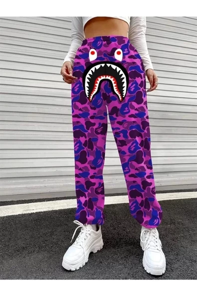 Unisex Pubg Bape x Shark Eşofman Altı - Mor