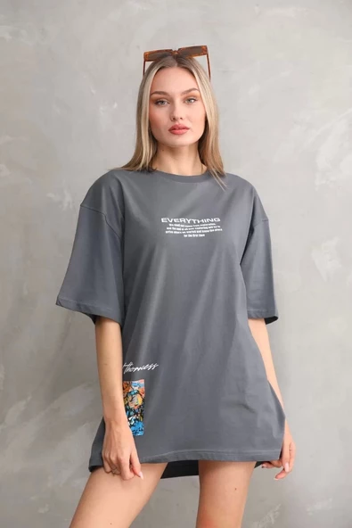 Unisex Bisiklet Yaka Baskılı Oversize T-Shirt - Gri