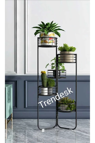 TRENDESK Modern 5 Katlı Metal Siyah Çiçeklik Saksı Standı Saksılık