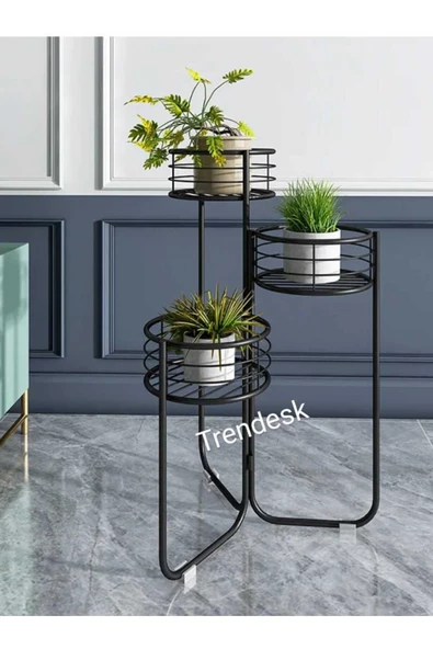 TRENDESK Modern 3 Katlı Metal Siyah Çiçeklik Saksı Standı Saksılık