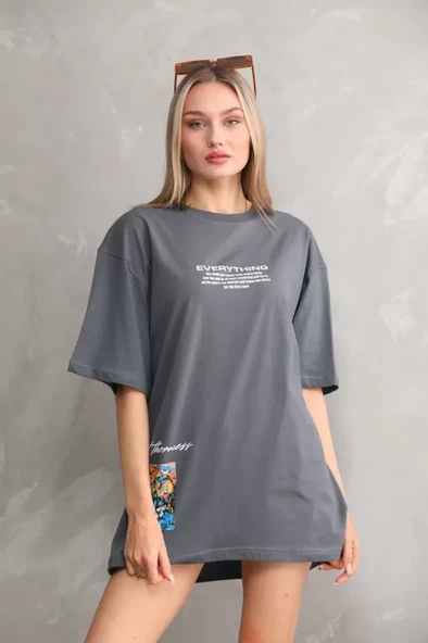 Babua Unisex Bisiklet Yaka Baskılı Oversize T-Shirt - Gri