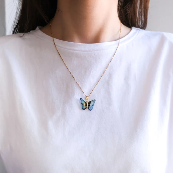 Altın Kaplama Mavi Sedef Taşlı Kelebek Model Kadın Kolye KLY-595 - Resim 2