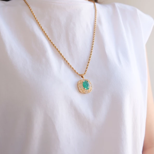 Çelik Kolye - Yeşil Taşlı Altın Kaplama Kadın Kolye KLY-602 - Resim 2