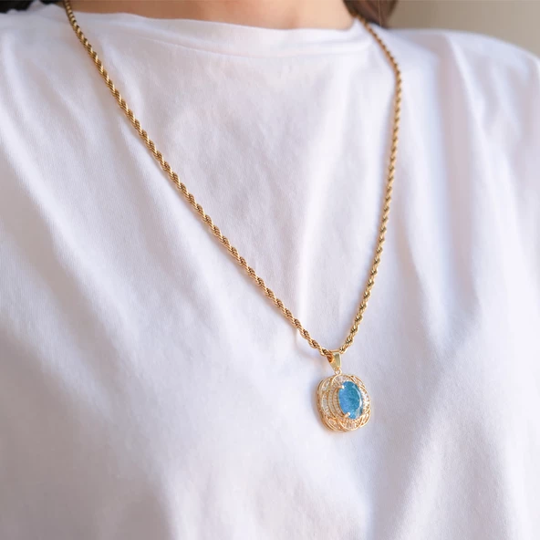 Çelik Kolye - Mavi Taş Kolye Altın Kaplama KLY-607 - Resim 2