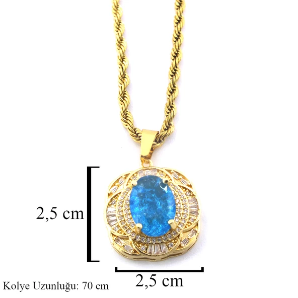Çelik Kolye - Mavi Taş Kolye Altın Kaplama KLY-607 - Resim 3