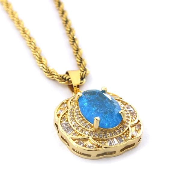 Çelik Kolye - Mavi Taş Kolye Altın Kaplama KLY-607 - Resim 4