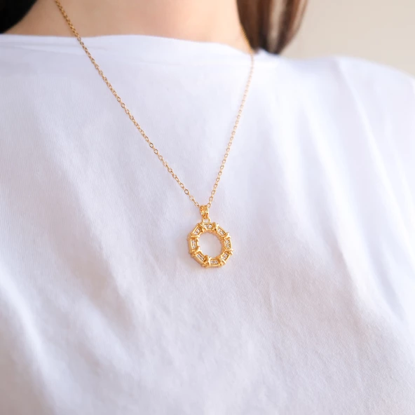 Çelik Kolye - Yuvarlak Kolye Zirkon Taşlı Altın Kaplama KLY-611 - Resim 2