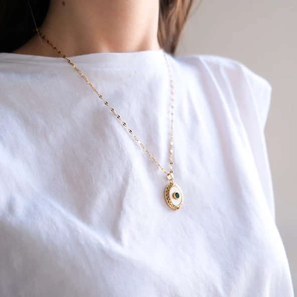 Çelik Kolye - Göz Kolye Yeşil Taşlı Altın Kaplama KLY-612 - Resim 3