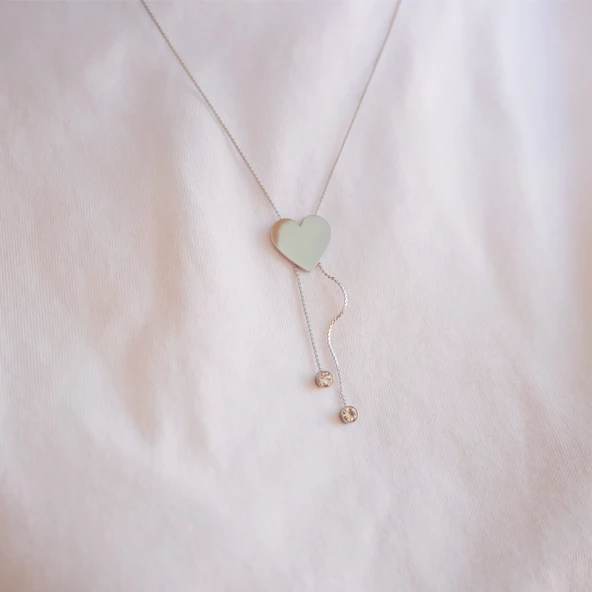 Çelik Kalp Kolye - Kalp Kolye Gümüş Renk KLY-574 - Resim 2