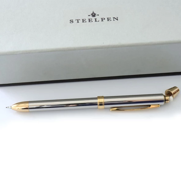 Üçü Bir Arada Mavi Kırmızı Tükenmez Uçlu Kalem Steel Pen Kalem - Resim 2