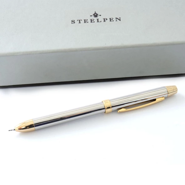 Üçü Bir Arada Mavi Kırmızı Tükenmez Uçlu Kalem Steel Pen Kalem - Resim 3