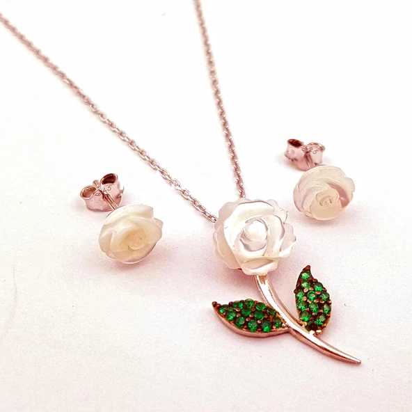 925 Ayar Gümüş Yeşil Yapraklı Sedef Gül Kolye Küpe Seti Rose - 2