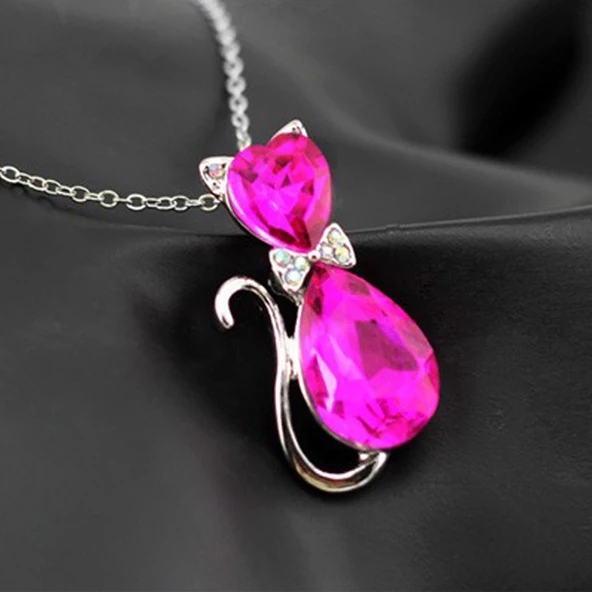 Kristal Taşlı Sevimli Kedi Tasarım Kolye - 5