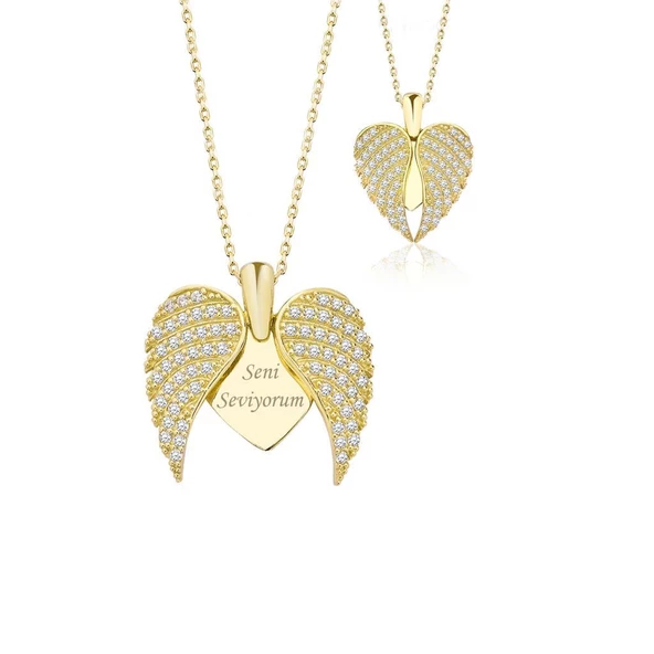 Seni Seviyorum Yazılı Açılır Kapanır Melek Kanadı Gümüş Kolye - 3