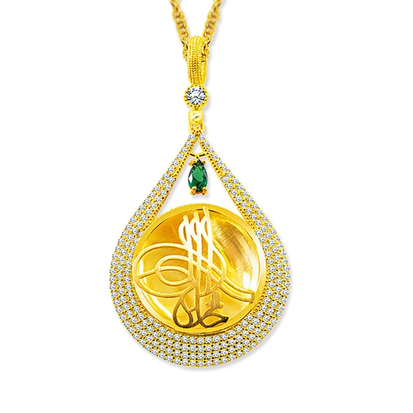 Notlu Kutusunda Gümüş Tuğra Desen Altın Kaplama Madalyon Kolye - 6