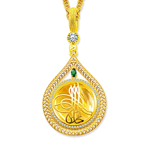 Notlu Kutusunda Gümüş Tuğra Desen Altın Kaplama Madalyon Kolye - 4