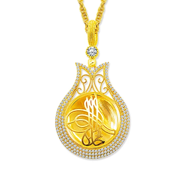 Notlu Kutusunda Gümüş Tuğra Desen Altın Kaplama Madalyon Kolye - 3