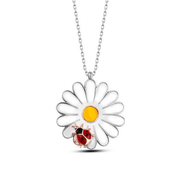 925 Ayar Gümüş Uğur Böcek Detaylı Beyaz Papatya Bayan Kolye - 3