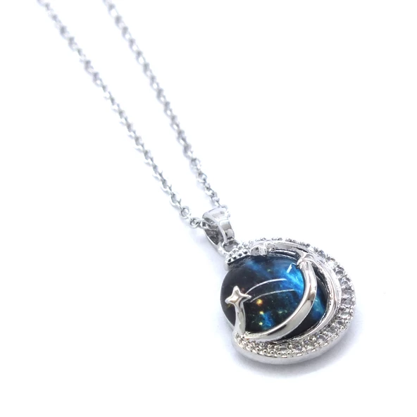 Paslanmaz Çelik Kadın Kolye - Ay Kolye Mavi Taşlı KLY-581 - Resim 4