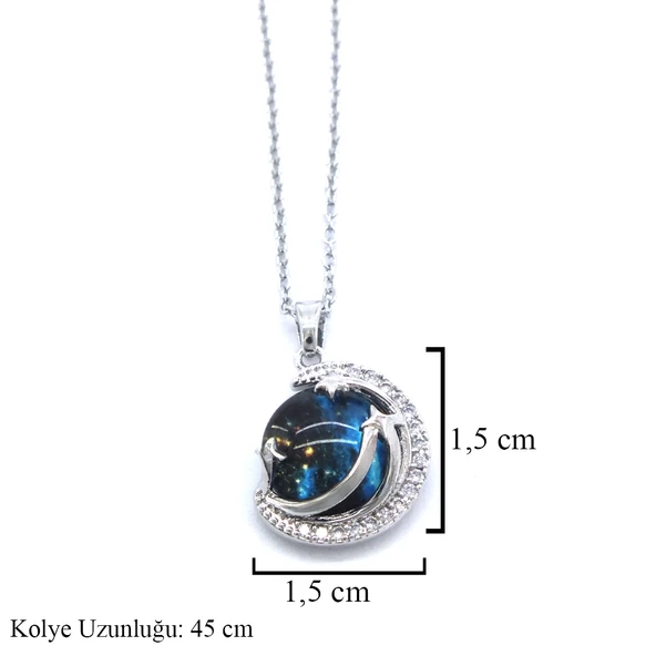 Paslanmaz Çelik Kadın Kolye - Ay Kolye Mavi Taşlı KLY-581 - Resim 3