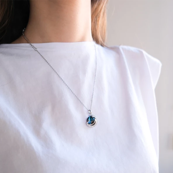 Paslanmaz Çelik Kadın Kolye - Ay Kolye Mavi Taşlı KLY-581 - Resim 2