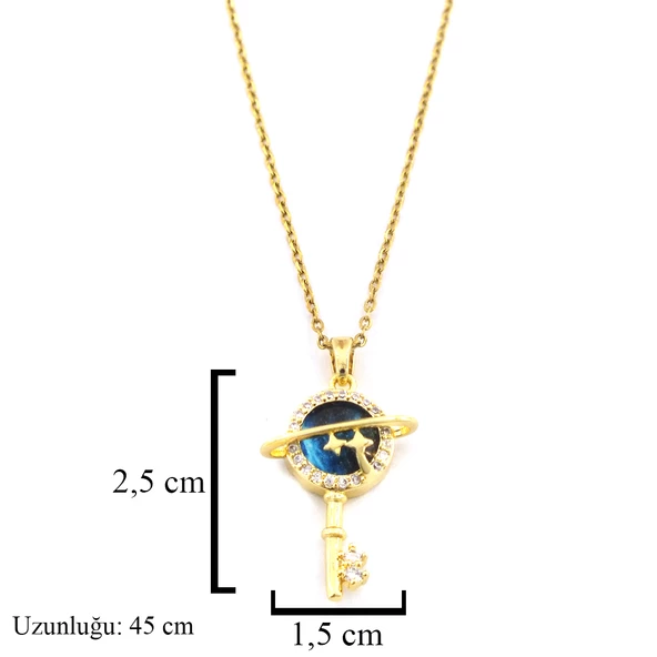 Çelik Kolye - Anahar Kolye Altın Kaplama - Mavi Taşlı Kolye KLY-588 - Resim 2