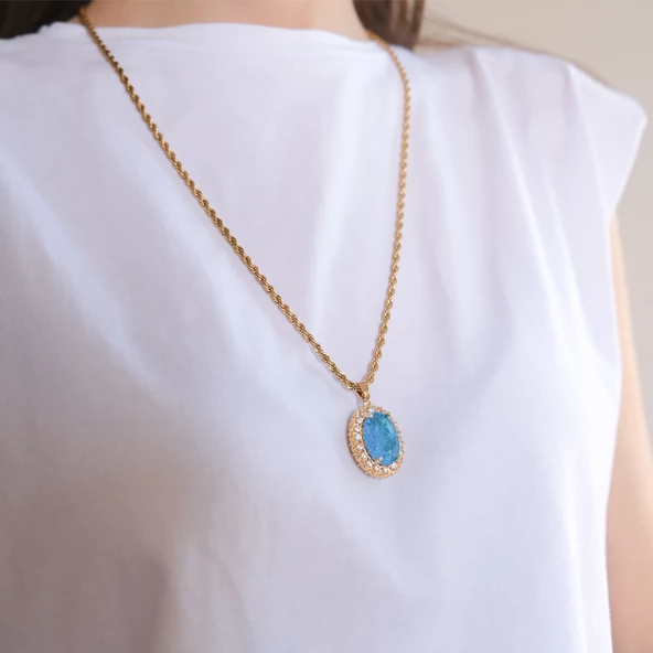 Çelik Kolye - Mavi Taş Kolye Altın Kaplama KLY-604 - Resim 3