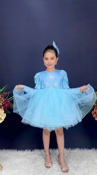 Gren Etek Pul Payet Uzun Kol Kız Çocuk Abiye Elbise - 6