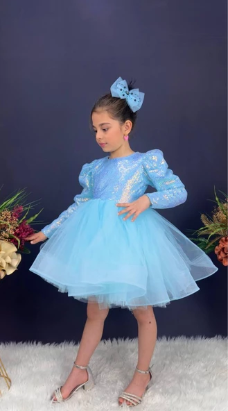 Gren Etek Pul Payet Uzun Kol Kız Çocuk Abiye Elbise - 5