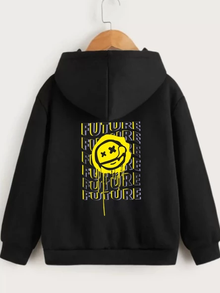 Çocuk Unisex Kapüşonlu Ön ve Arka Emoji Baskılı Sweatshirt - Siyah