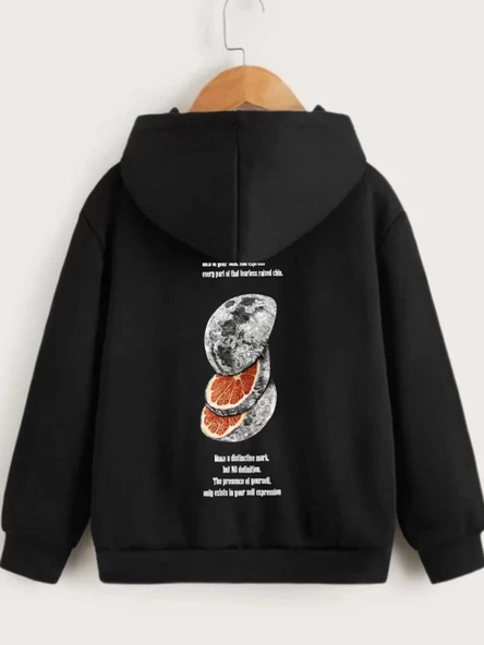 Çocuk Unisex Kapüşonlu Ön ve Arka Moon Special Baskılı Sweatshirt - Siyah