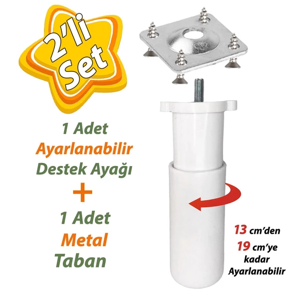 Destek Ayağı 13-19 cm Beyaz ve Metal Düz Ayak Tabanı M8 Civatalı İnce Diş Mobilya Kanepe Baza Koltuk Seti ürün görseli 1