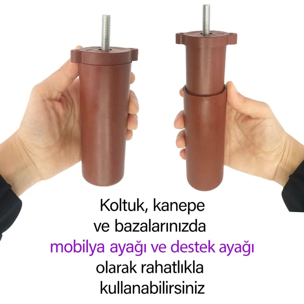 Destek Ayağı 13-19 cm Kahverengi ve Metal Düz Ayak Tabanı M8 Civatalı İnce Diş Mobilya Kanepe Baza Koltuk Seti - 3
